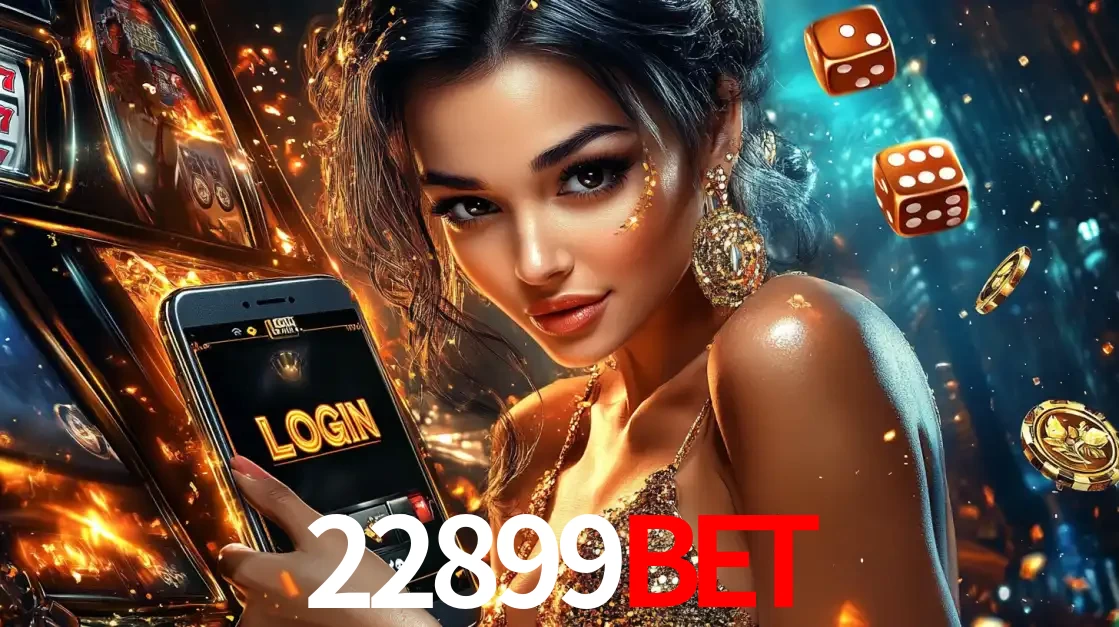 Mulher glamourosa segurando um celular com a tela de login do cassino 22899bet, rodeada por dados e moedas douradas, pronta para começar a diversão.