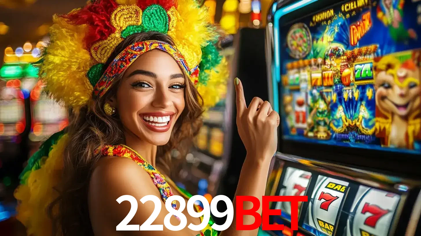 Mulher animada com um cocar de carnaval apontando para uma máquina de caça-níqueis, mostrando a emoção de ganhar um grande prêmio nos jogos do 22899bet.