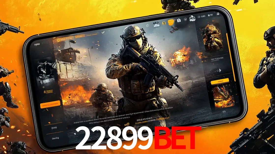 Um smartphone exibindo a interface de um jogo de tiro em primeira pessoa, com um soldado em um cenário de batalha, representando a ação dos e-sports para apostar no 22899bet.
