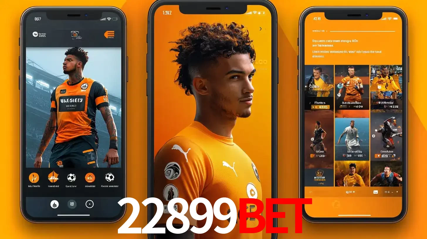 Interface do aplicativo de apostas esportivas 22899bet em três telas de celular, mostrando o perfil de um jogador de futebol e a lista de jogos disponíveis para apostar.