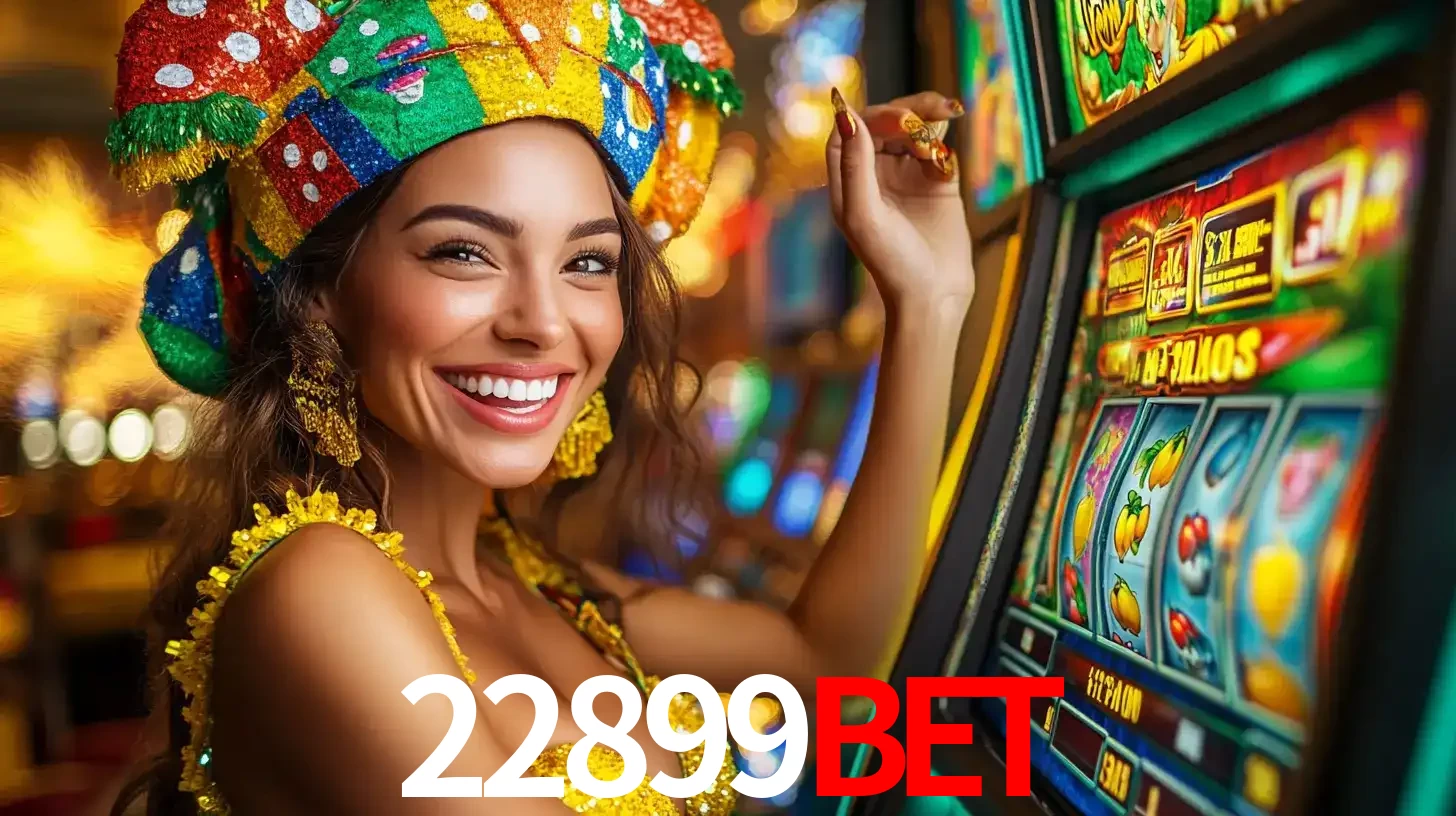 Mulher feliz com traje de carnaval amarelo e colorido ao lado de uma máquina de caça-níqueis, aproveitando a diversão e os jogos temáticos do cassino 22899bet.