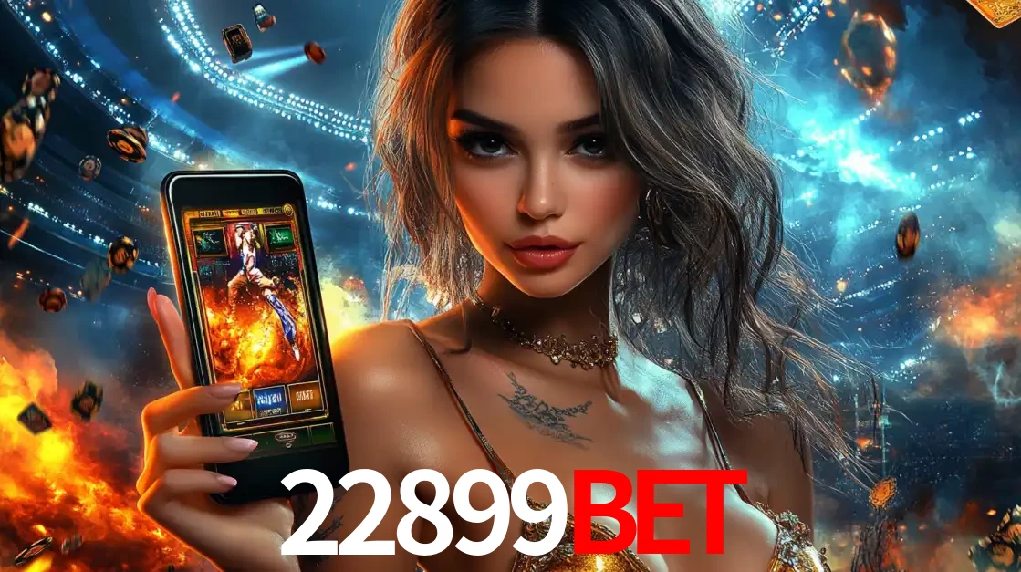 Mulher segurando um celular com um jogo de slot em destaque, tendo como fundo um estádio vibrante, simbolizando a emoção de jogar no cassino móvel 22899bet.
